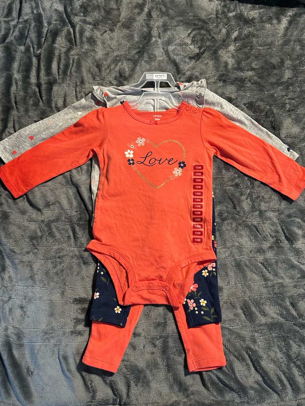 Carter's Coral Long-Sleeve One-Piece with Gold Heart 'Love' Sleeve with Pant set